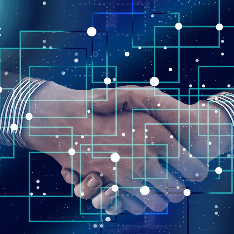 Handshake over digital blockchain network background symbolizing trust in digital assets