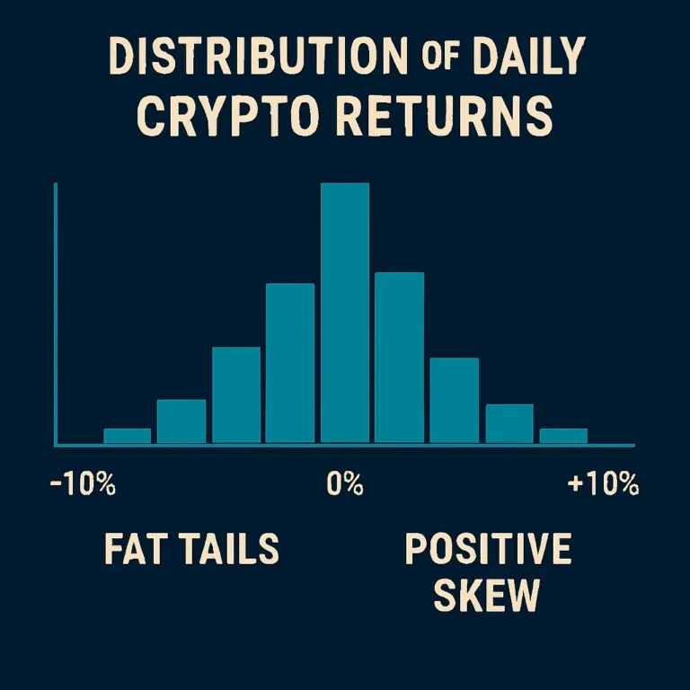 Histogram showing fat tails and positive skew in daily crypto returns
