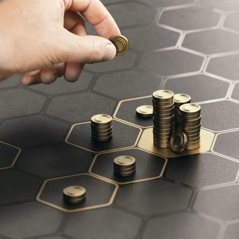 Hand placing coins into stacks on a hexagonal grid representing portfolio diversification