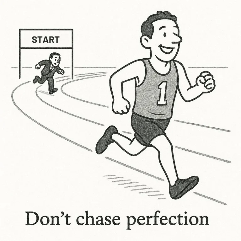Cartoon of a confident runner ahead on the track, with another trailing behind at the start.