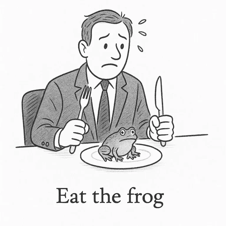 Cartoon of a nervous man with a knife and fork facing a frog on his plate, captioned “Eat the frog.”