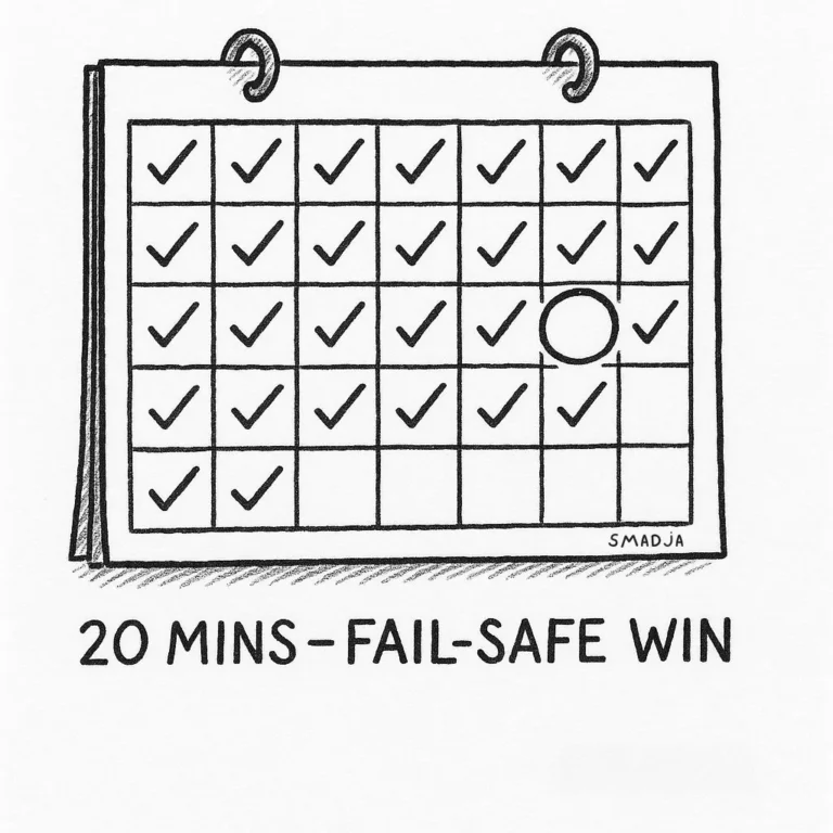A cartoon calendar with daily checkmarks, one open circle labeled “20 mins – fail-safe win.”
