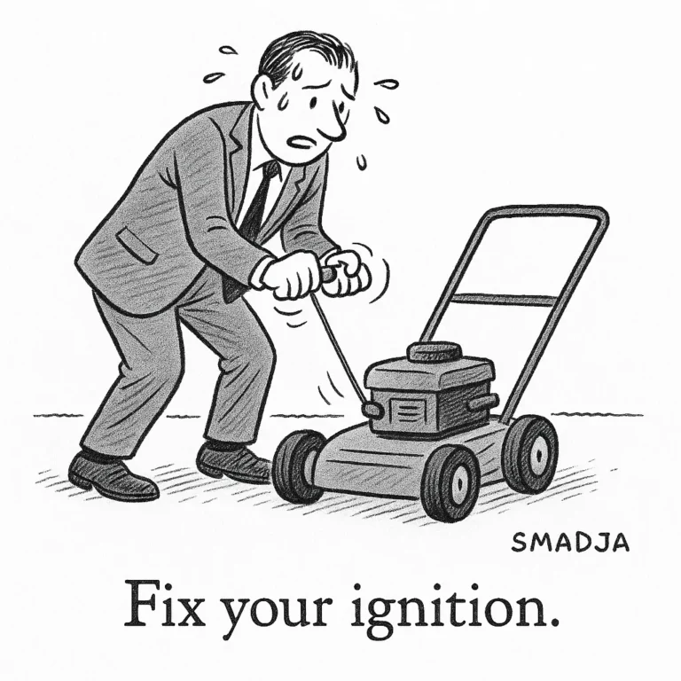 Cartoon of a stressed man trying to start a lawnmower with the caption “Fix your ignition.”