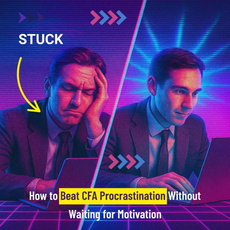 Split-screen image of a CFA candidate frustrated on the left and focused on the right, with the text “How to Beat CFA Procrastination Without Waiting for Motivation.”