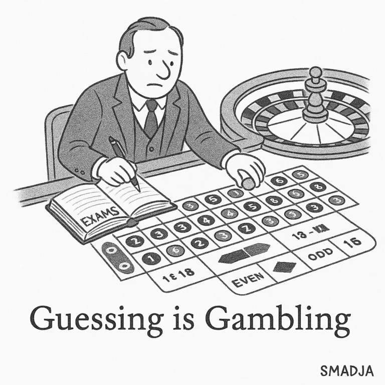 Cartoon of a man marking an exam notebook while placing a bet on a roulette table, symbolizing risk-based study habits.