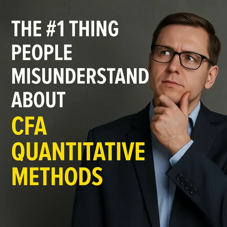 Thoughtful man with glasses next to bold text about CFA Quantitative Methods