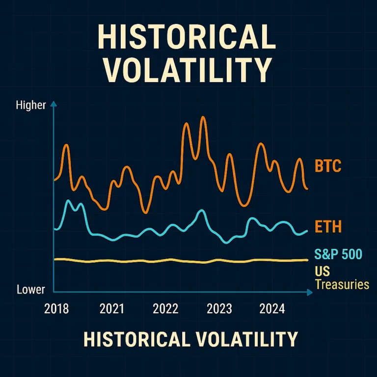 Volatility comparison chart of Bitcoin, Ethereum, S&P 500, and US Treasuries
