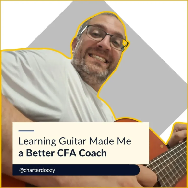 Man smiling while playing guitar with caption: How Learning Guitar Made Me a Better CFA Coach
