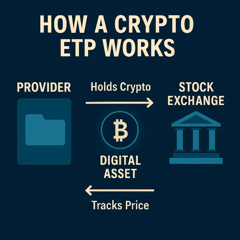 Diagram showing how a crypto ETP holds digital assets and trades on a stock exchange