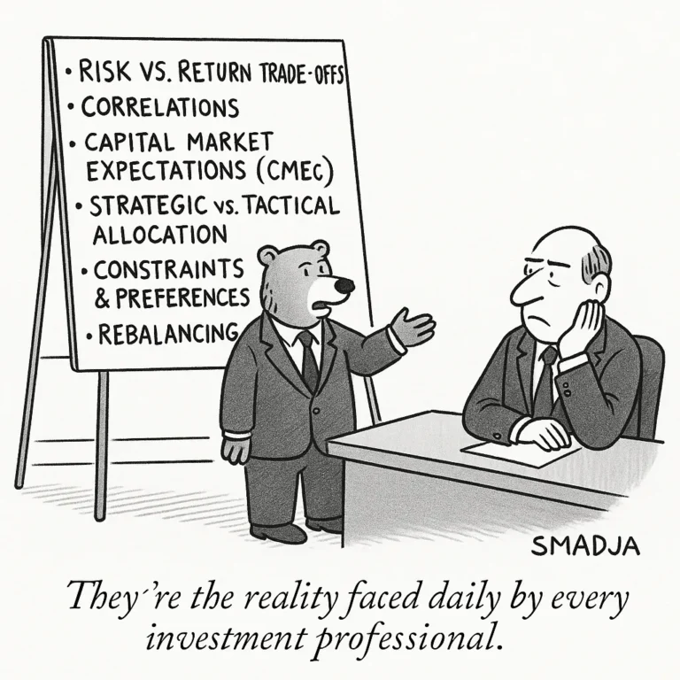 Cartoon of bear in suit teaching asset allocation principles to investment professional