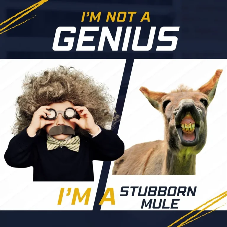 Split image of child genius and laughing mule with bold text