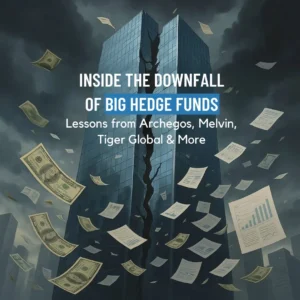 Cracked skyscraper with money and charts flying, symbolizing hedge fund collapses