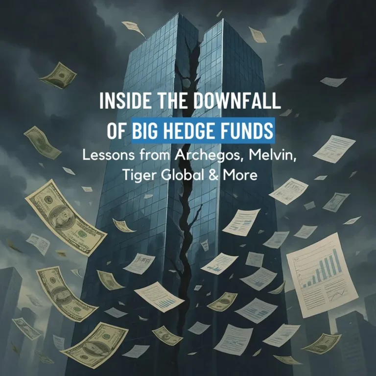 Cracked skyscraper with money and charts flying, symbolizing hedge fund collapses
