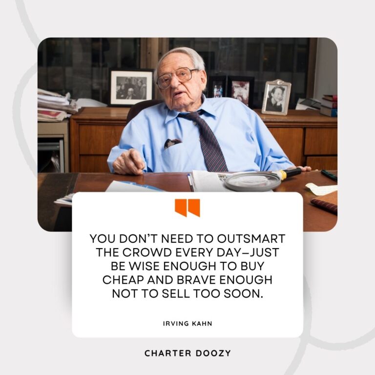 Portrait of Irving Kahn with text overlay “The Great Investor Series – Irving Kahn Edition” by Charter Doozy