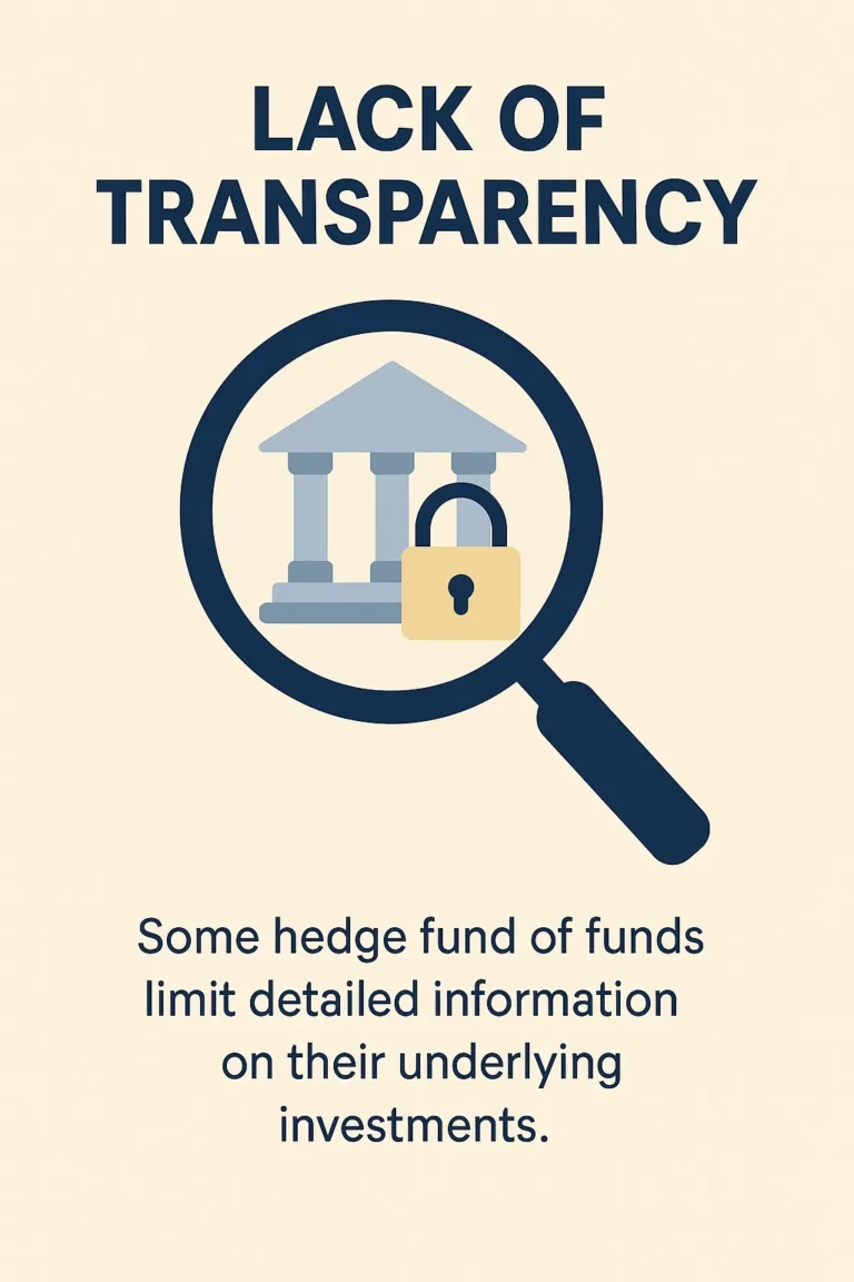 Locked magnifying glass over a bank building symbolizing hedge fund of funds lack of transparency