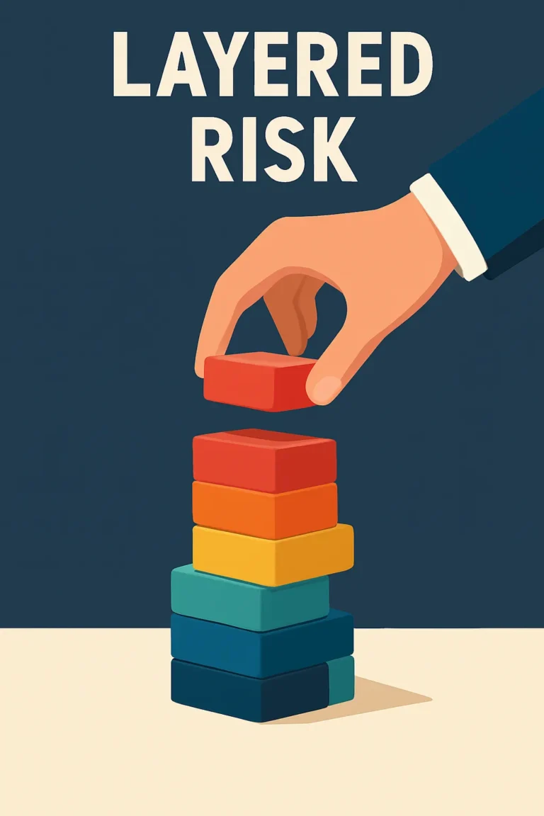 Hand stacking unstable colored blocks representing layered risk in hedge fund of funds