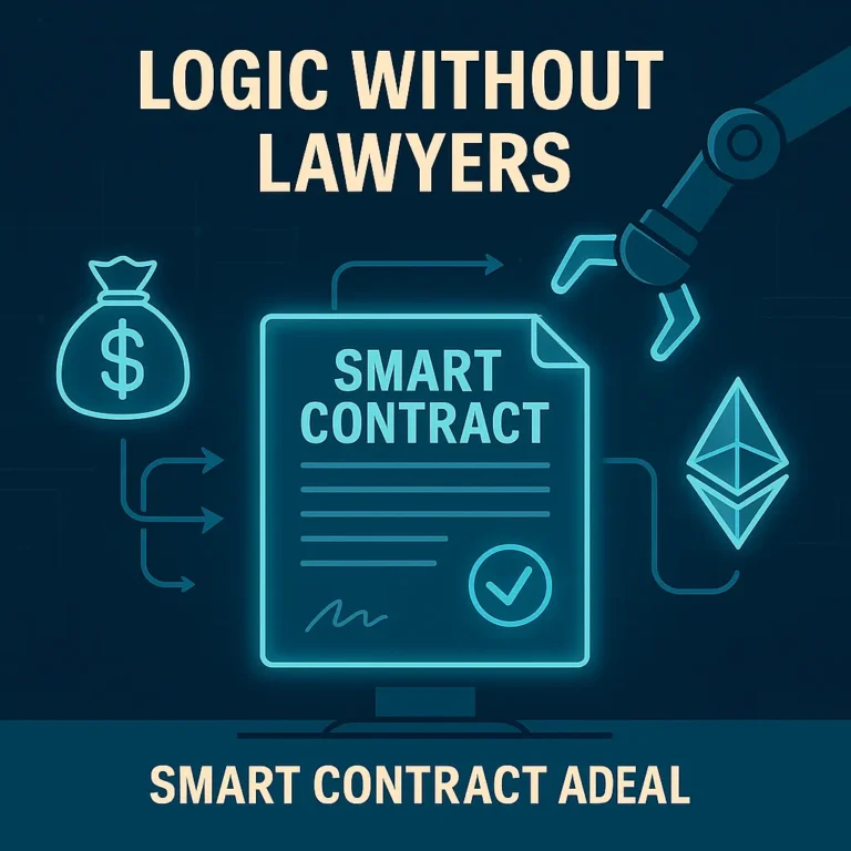 Visual depiction of a smart contract executing without lawyers using blockchain automation