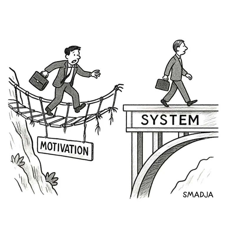 Cartoon of a candidate on a fraying rope bridge labeled “Motivation” while another walks confidently across a concrete bridge labeled “System.”