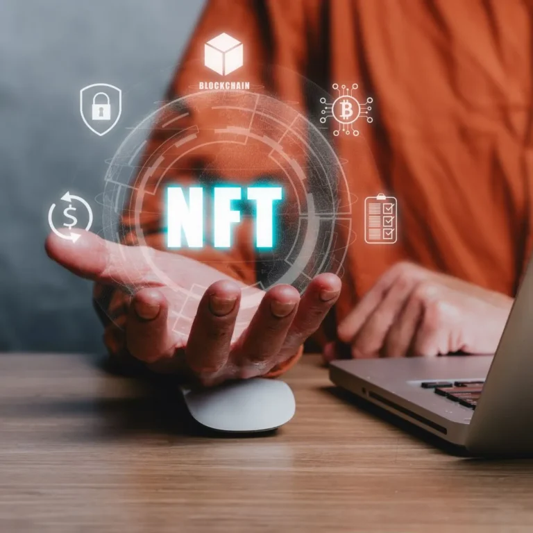Person holding a holographic NFT icon surrounded by blockchain and crypto symbols