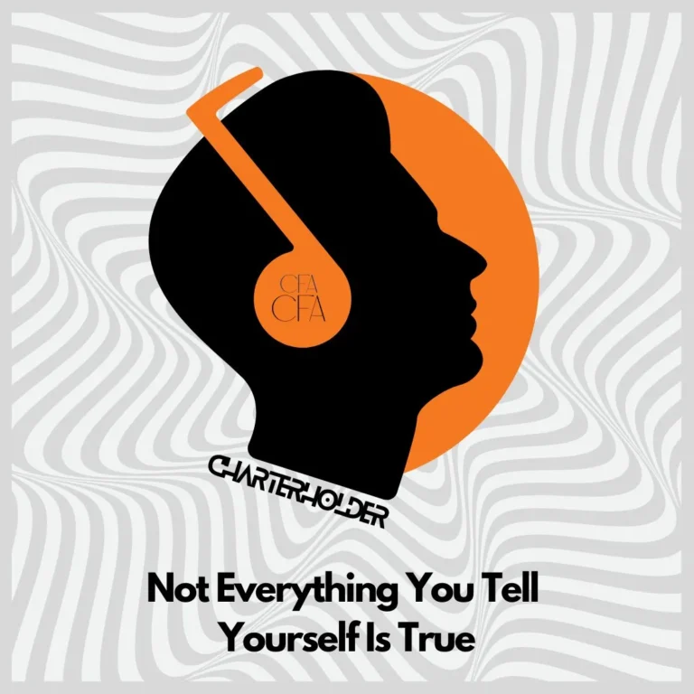 Silhouette of CFA candidate with headphones and orange circle background, symbolizing inner self-talk and exam mindset