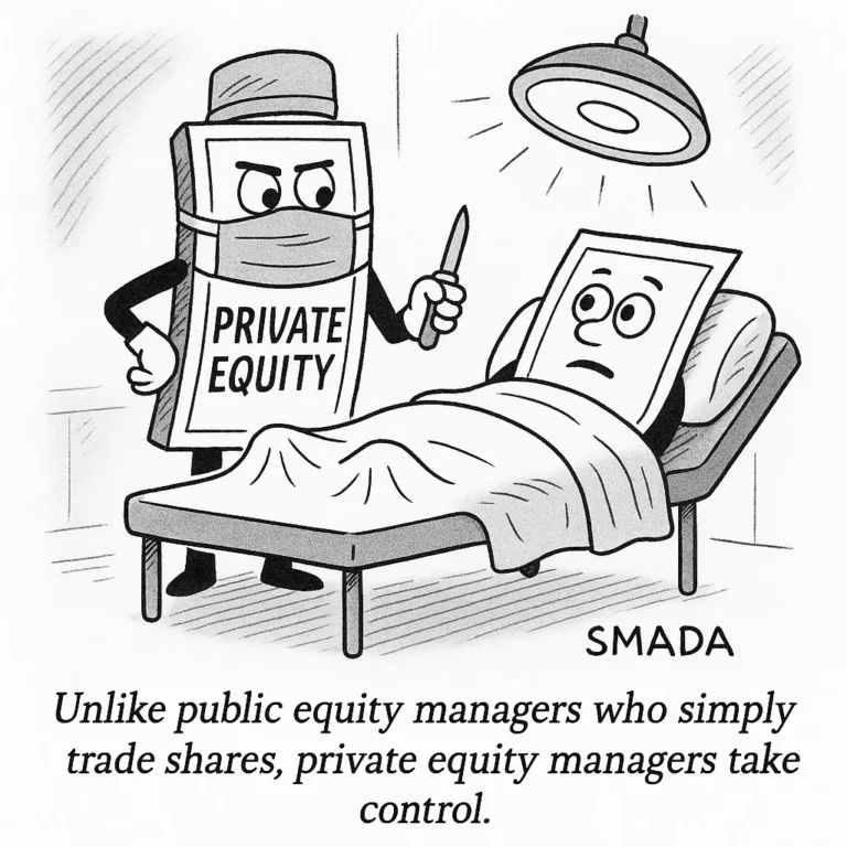 Cartoon of private equity surgeon with scalpel preparing to operate on a dollar bill patient, symbolizing active management