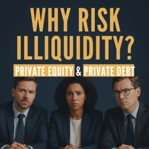 Three serious professionals under headline Why Risk Illiquidity, highlighting private equity and private debt investment risks