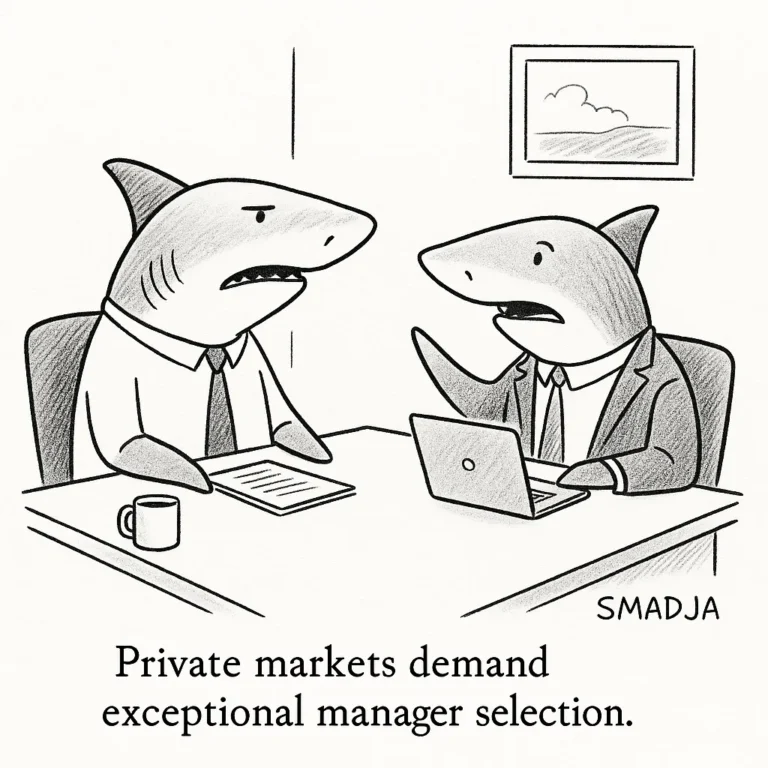Cartoon of two sharks in business suits discussing private markets, symbolizing aggressive manager selection