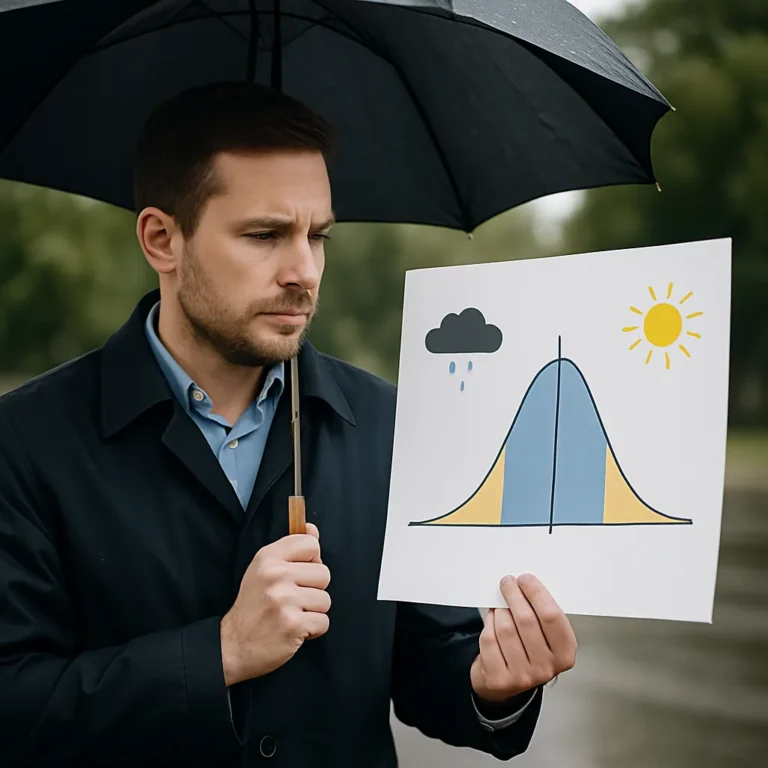 Man holding umbrella and looking at a normal distribution graph labeled with sun and rain