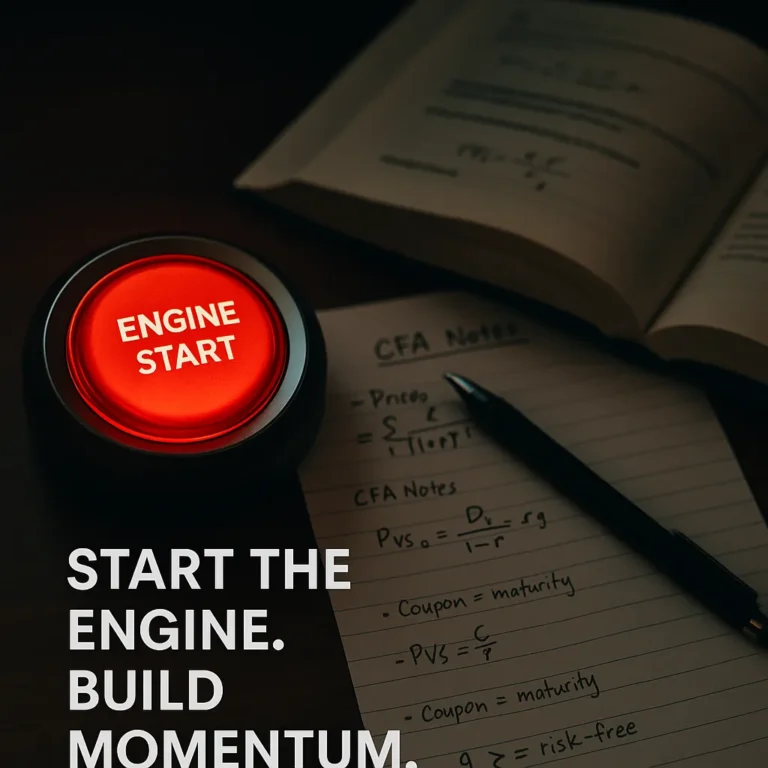 Glowing red engine start button next to CFA notes and open textbook