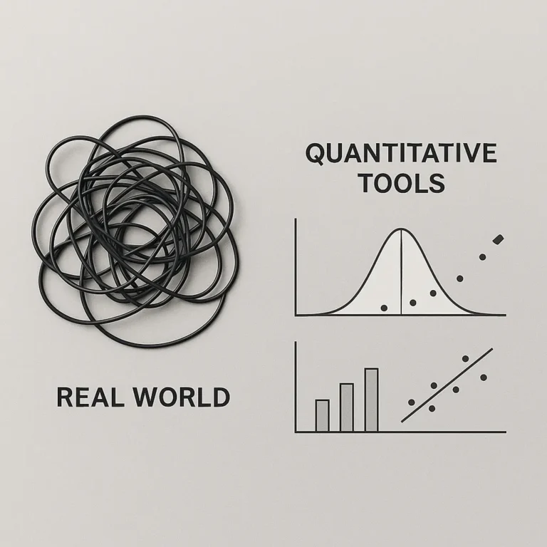 Tangled wires labeled “Real World” next to clean graphs labeled “Quantitative Tools”