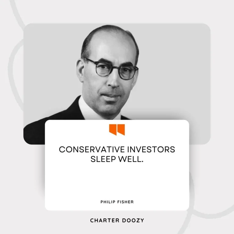 Philip Fisher portrait with quote about conservative investors sleeping well.