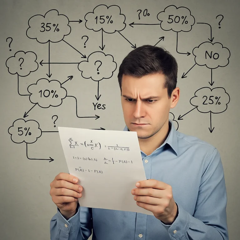 Man looking at a formula sheet while surrounded by a visual network of probabilities and decisions
