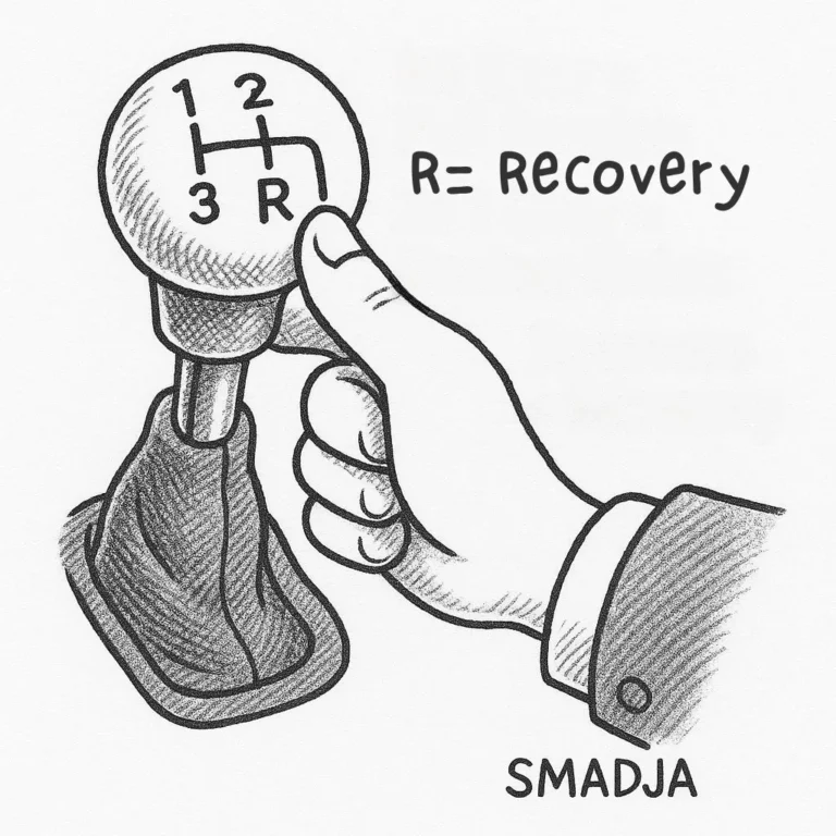 Cartoon of a manual gear shift labeled “R = Recovery,” implying a deliberate downshift, not a stop.