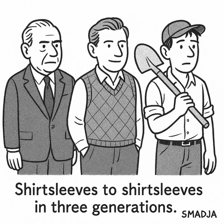 Cartoon showing three generations of a family from business suit to laborer with a shovel, symbolizing wealth loss.