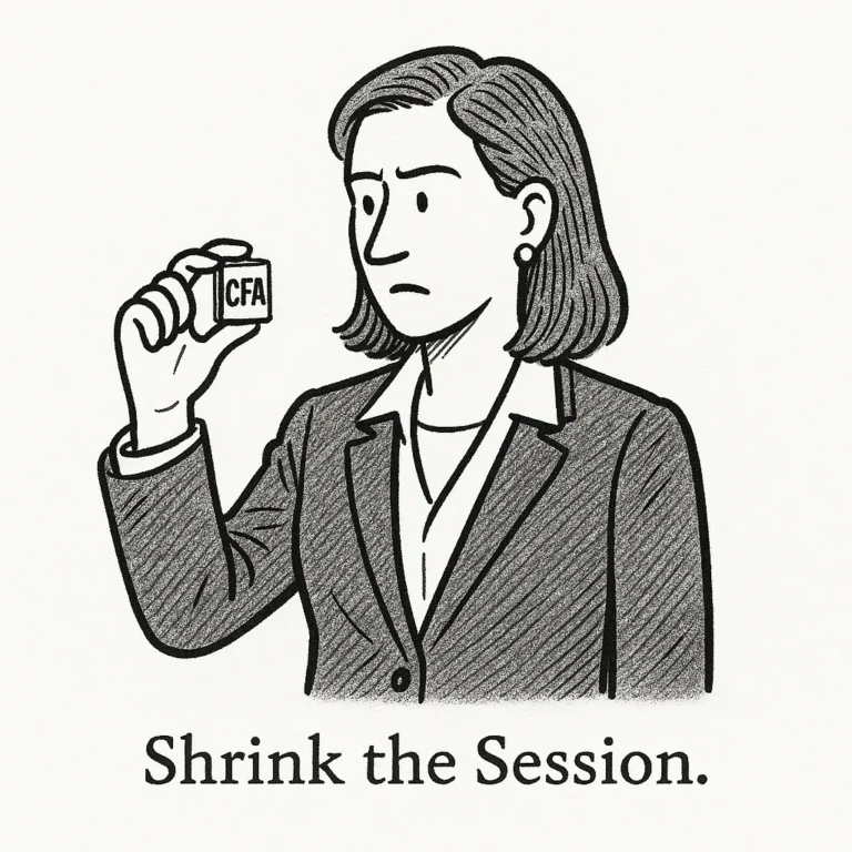 Cartoon of a woman in business attire holding a small cube labeled "CFA" to represent small study actions.