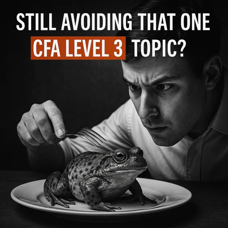 CFA candidate staring nervously at a frog on a plate with the text "Still Avoiding That One CFA Level 3 Topic?"