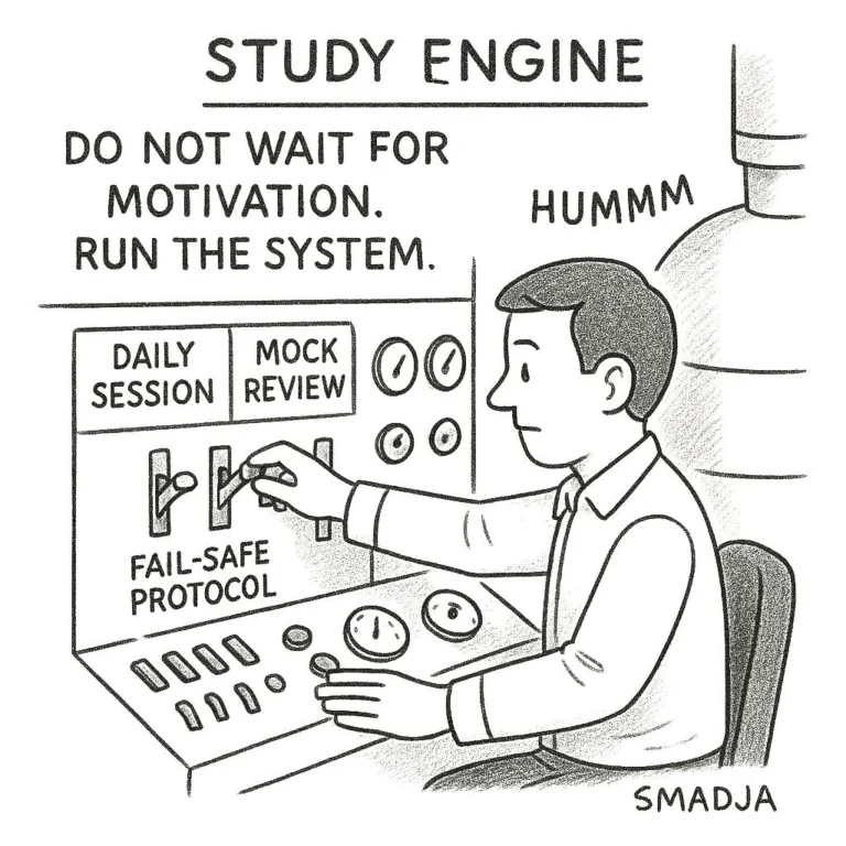 Cartoon of CFA candidate operating a control panel labeled “Daily Session,” “Mock Review,” and “Fail-Safe Protocol.”