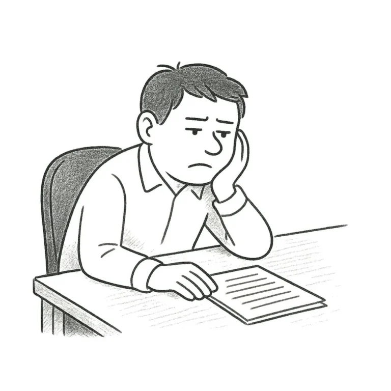 Cartoon of bored man staring at notes looking unmotivated