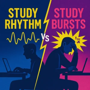 Split-screen graphic of two CFA candidates, one calm with a rhythm line, the other stressed under "study bursts."