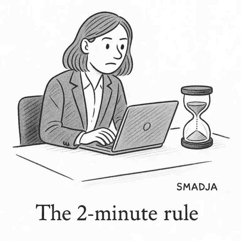 Cartoon of a focused woman at a laptop with an hourglass, captioned “The 2-minute rule.”