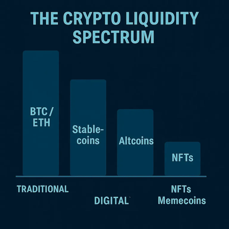 Liquidity spectrum bar chart from BTC/ETH to NFTs and memecoins