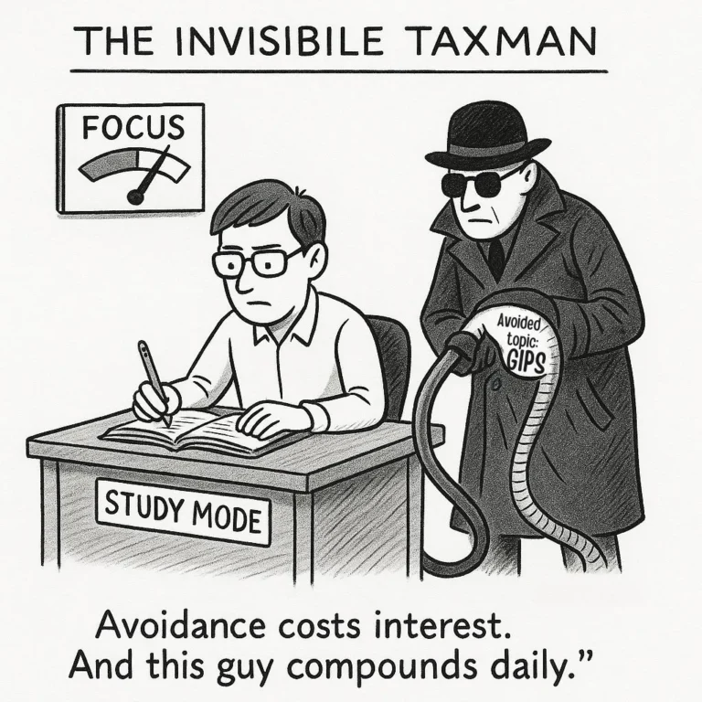Cartoon of a sneaky taxman draining focus from a CFA candidate avoiding GIPS