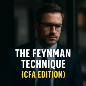 A 40-year-old male banker wearing glasses, overlaid with the text “The Feynman Technique (CFA Edition)”