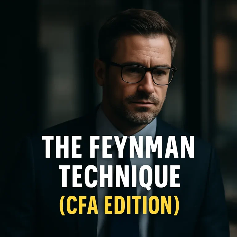 A 40-year-old male banker wearing glasses, overlaid with the text “The Feynman Technique (CFA Edition)”