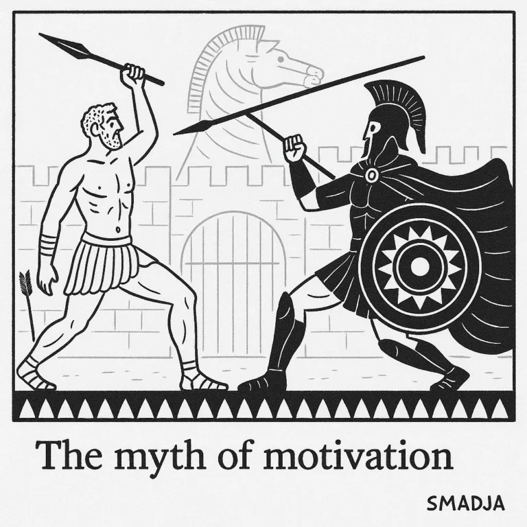 Stylized cartoon of two ancient warriors in battle with a Trojan horse in the background, symbolizing the illusion of waiting for motivation.