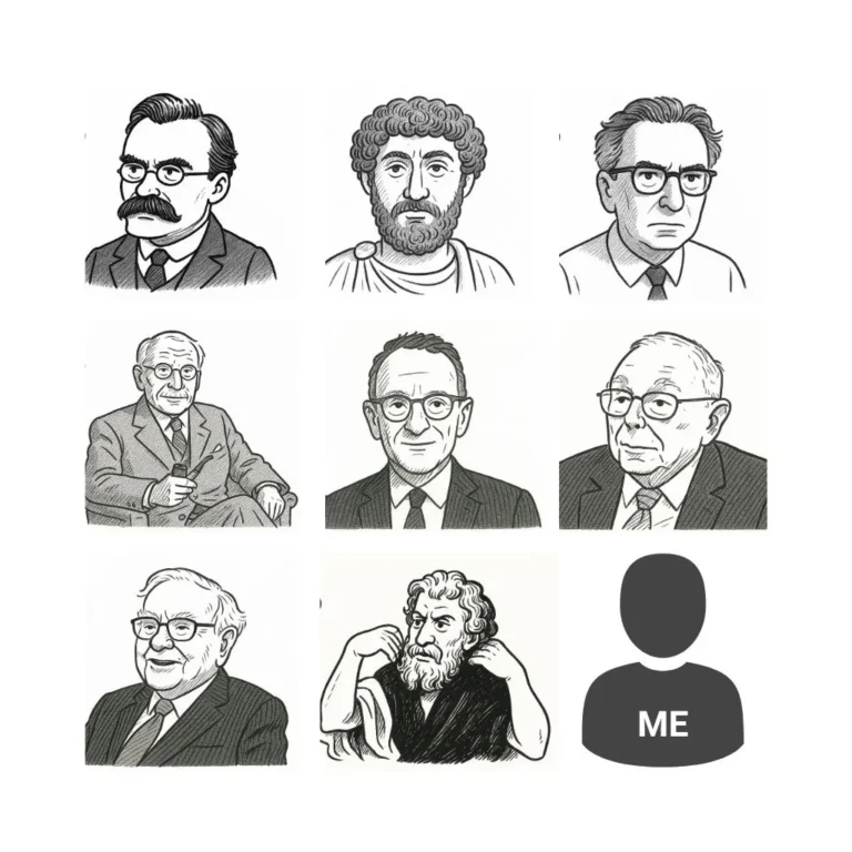 Cartoon grid of philosophers, psychologists, investors, and "ME" icon representing personal transformation.