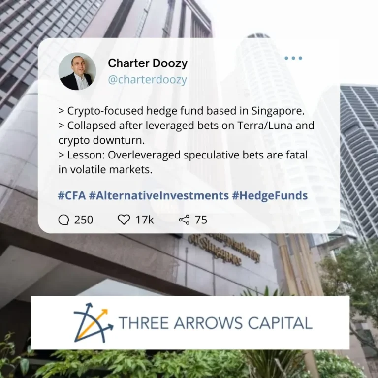 Three Arrows Capital collapsed after leveraged crypto bets on Terra/Luna failed during the 2022 crypto downturn.
