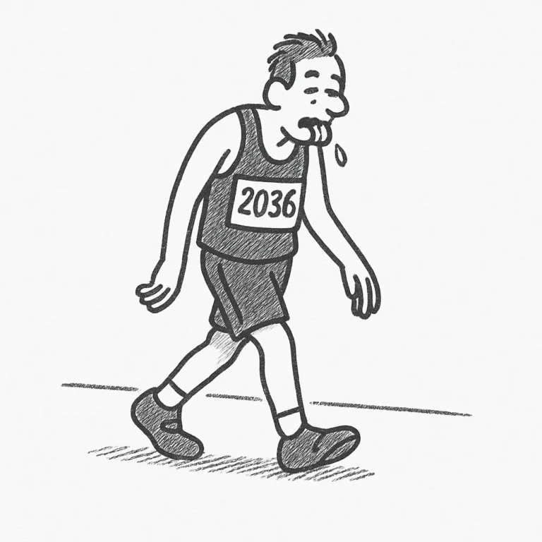 Cartoon of a drooling, exhausted runner wearing bib 2036, still walking forward.