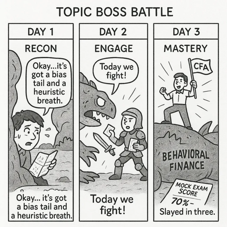 Cartoon of CFA candidate battling Behavioral Finance over three days