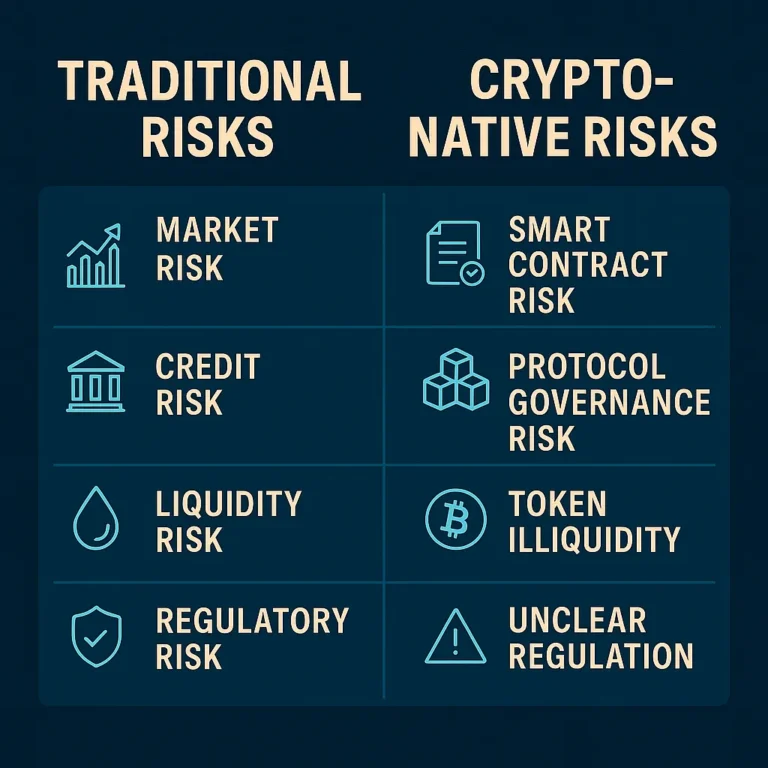 Table comparing traditional financial risks with crypto-specific risks